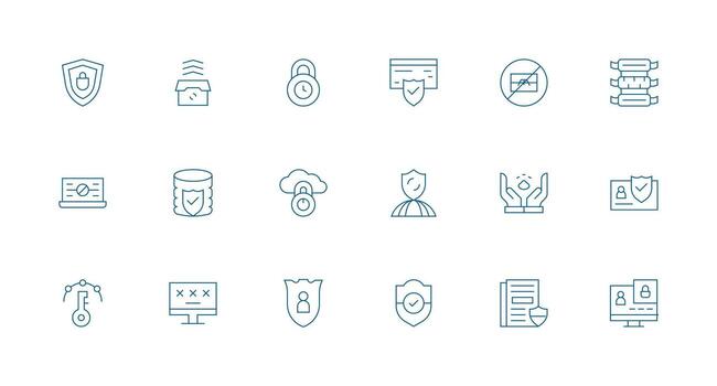 18 íconos para datos proteccion en mínimo línea formato núcleo icono colección para diario Tareas vector