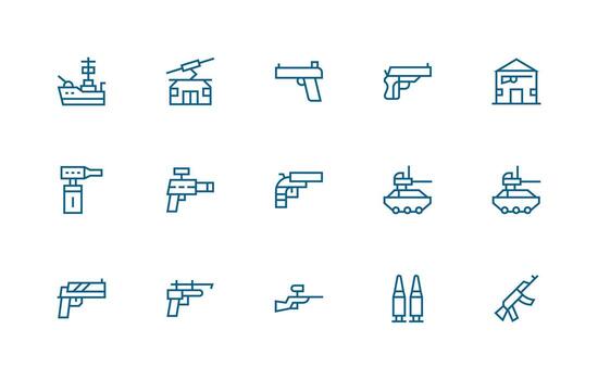 Gun Design Icons featuring 15 in Regular Line Style Flexible Icon System for Web Interfaces vector