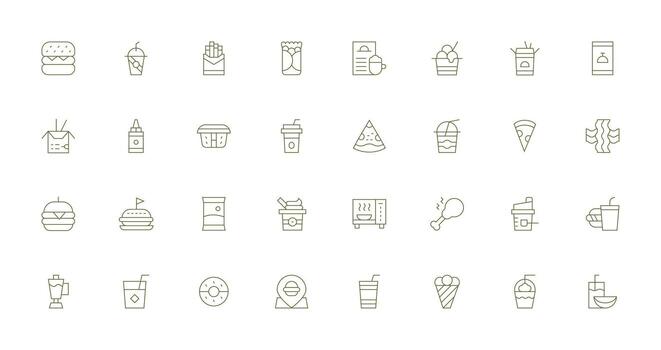 Fast Food Design Icons featuring 32 in Thin Line Style Complete Icon Bundle for Web Design vector