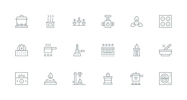 Burner Icon Set with 18 Minimal Line Graphics Organized Glyph Icons for Fast Design vector