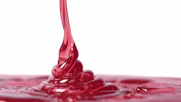 Bright red gel splashes create dynamic textures as they flow and settle. The reflections enhance the visual impact, highlighting the fluid motion and rich colors, resulting in an engaging spectacle. video