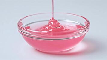 ljus rosa gel långsamt droppar från en sked, skapande stänk och unik texturer i en klar skål. de skott fokuserar på de glansig yta, highlighting dess jämnhet och livlighet. video