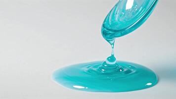 turkos gel är hällde från en sked, skapande invecklad stänk och textur på en rena, vit yta. de flytande flöden sömlöst, visa upp dess viskositet och vibrerande Färg. video