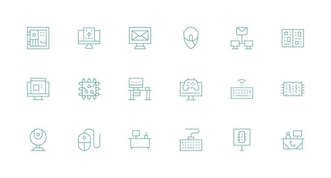 18 ordenador personal íconos en mínimo línea estético ui y ux enfocado icono colección vector