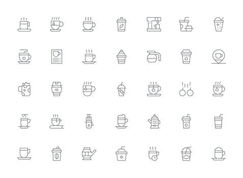 Hot Drink Icon Set with 35 Light Line Graphics Interface Icons for Daily Use vector