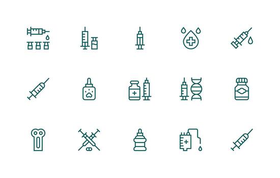 Injection Icon Set with 15 Regular Line Graphics Detailed Icon Collection for Design Systems vector
