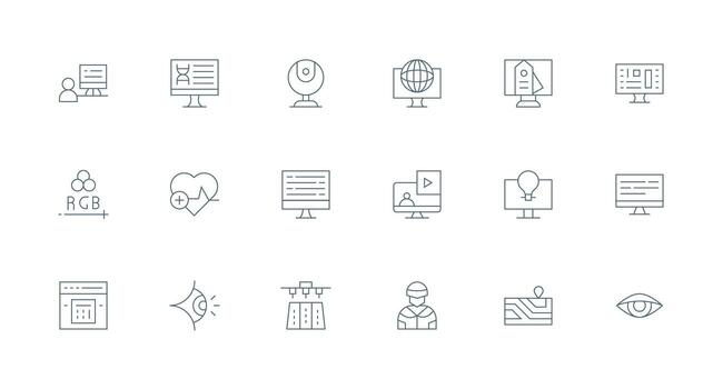monitor visual paquete conteniendo 18 mínimo línea íconos píxel Perfecto icono conjunto vector