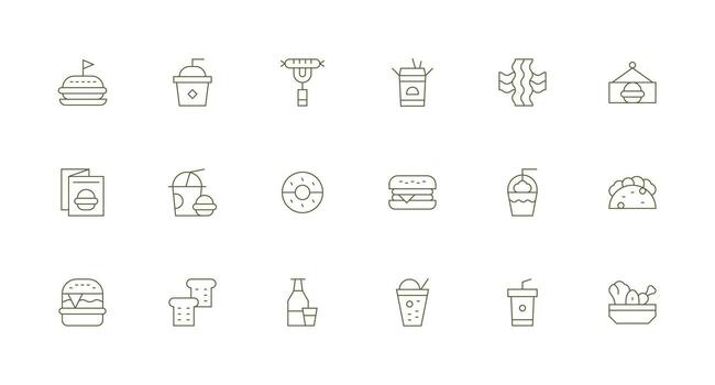 18 Fast Food Icons in Minimal Line Aesthetic Core Icon Collection for Daily Tasks vector