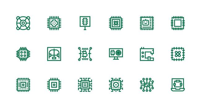 Processor Design Icons featuring 18 in Strong Stroke Line Style Compact Icon Set vector
