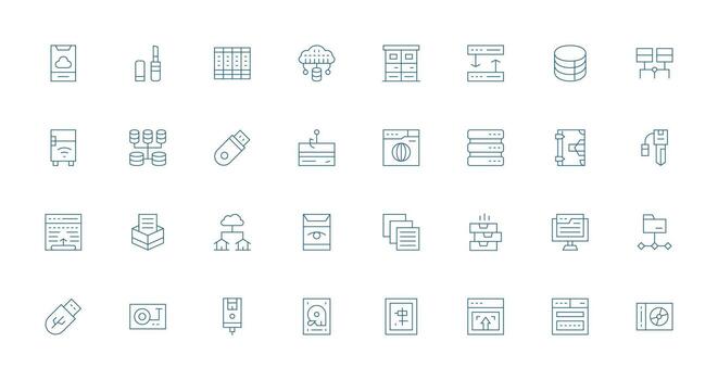 Data Storage Icon Set with 32 Thin Line Graphics Well-Structured Icons for Creative Use vector