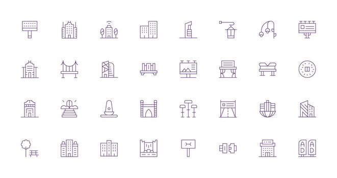urbano diseño presentando 32 íconos en Delgado línea diseño esencial íconos para rápido ui edificio vector