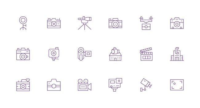 Camera Set with 18 Minimal Line Icons Display Icon Pack vector