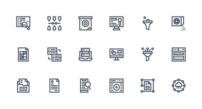 Database Design Icons featuring 18 in Strong Stroke Line Style Dashboard Icon Series vector