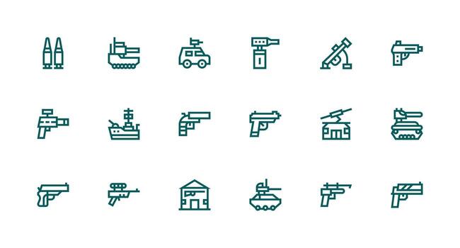 Gun Design Icons featuring 18 in Strong Stroke Line Style Web and App Icon Pack Collection vector