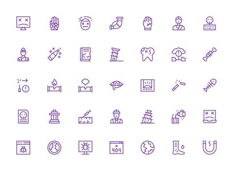 35 Broken Icons in Regular Clean Line Aesthetic User Interface Icons for Digital Products vector
