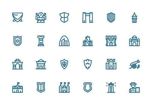 fortaleza diseño íconos presentando 24 en grueso línea línea estilo icono colección conjunto vector