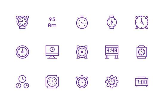 Digital Clock Set with 15 Regular Line Icons Multi-Style Icon Collection vector