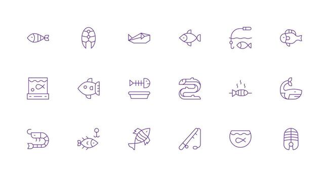 mínimo línea estilo pescado íconos con 18 vectores neutral estilo íconos para ninguna proyecto