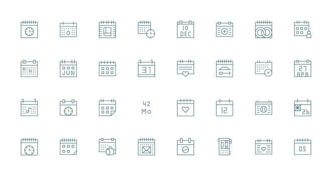 Thin Line Style Date Icons with 32 Vectors Icon Set for Apps