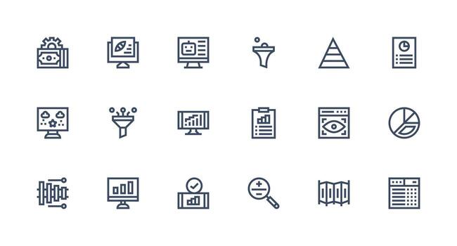 Data Analysis featuring 18 Icons in Strong Stroke Line Design Icon Set for Web vector