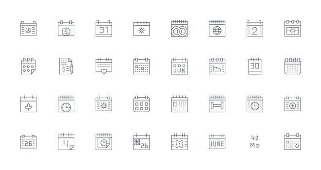 Date Icon Set with 32 Thin Line Graphics Icon Collection Set vector