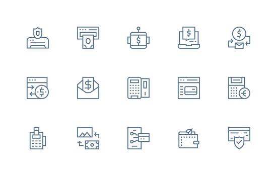 Regular Line Style Financial Transaction Icons with 15 Vectors Scalable Icons for Cross-Platform Interfaces