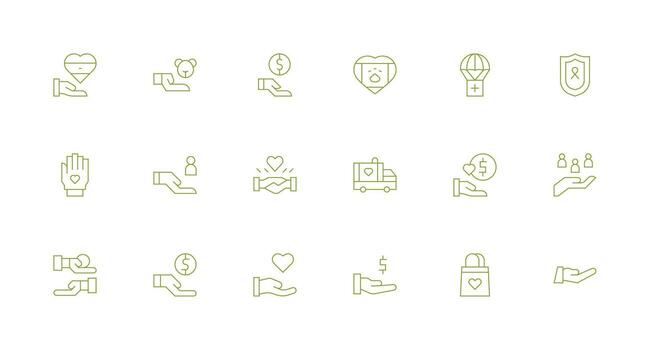 Charity Design Icons featuring 18 in Minimal Line Style Quick Access Icons for UI Development vector