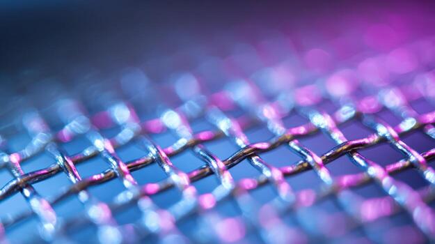 Abstract Close-Up of Interwoven Metal Mesh with a Play of Blue and Pink Light photo