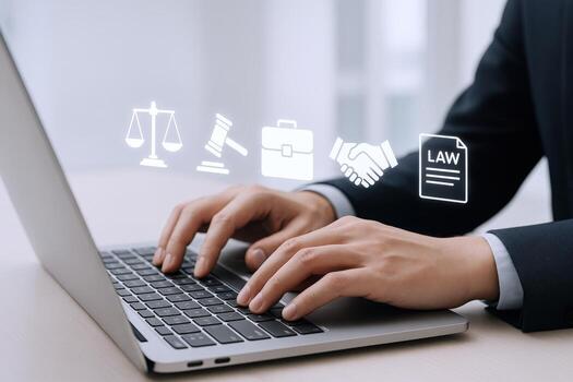 legal profesional utilizando ordenador portátil para en línea ley servicios y consultante con digital íconos foto