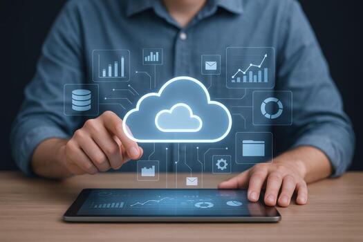 Cloud Computing Technology Concept Man Using Tablet with Cloud Graphic and Data Icons for Business Solutions photo