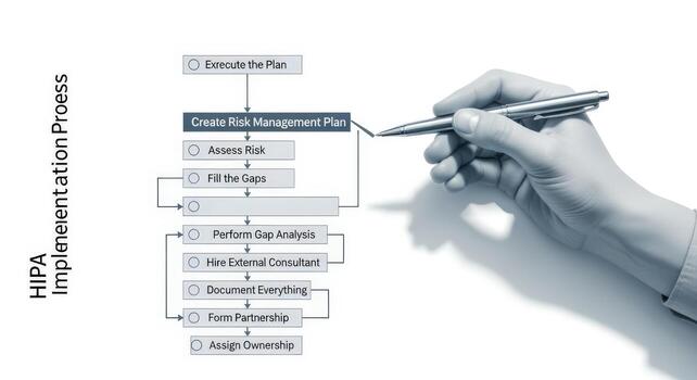 HIPA Implementation Process Flowchart Hand with Pen Pointing to Risk Management Plan Step, illustrating business process photo