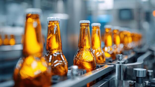 Bottles on Conveyor Belt in Automated Bottling Plant Production, Manufacturing, and Quality Control photo