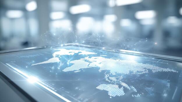 Global Connectivity Technology Futuristic World Map Interface with Data Network Visualization in a Modern Environment photo