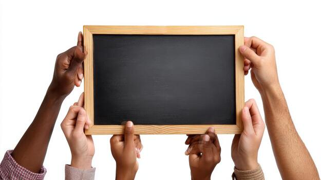 Diverse Hands Holding Blank Chalkboard Unity, Communication, and Collaborative Message for Educational or Business Purposes photo