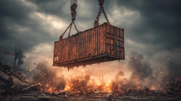 Shipping Container Suspended by Crane Over Post-Apocalyptic Debris, Emphasizing Industrial Strength and Resilience photo