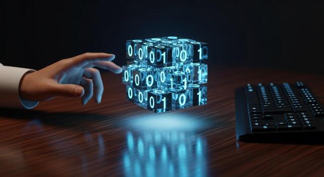 Abstract Digital Data Cube Illustration with Hand Touching Futuristic Technology on Dark Background photo