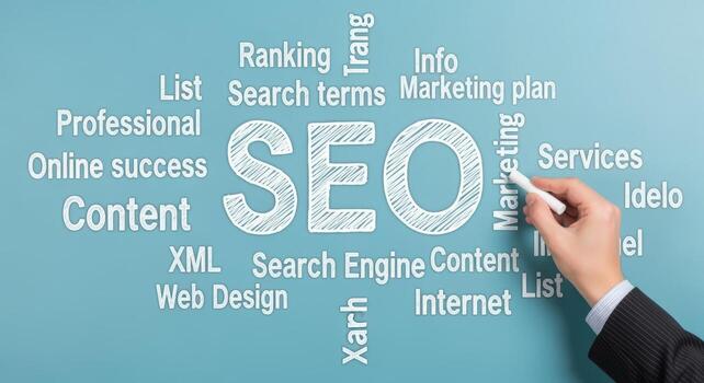 SEO strategy concept with hand holding chalk writing seo around related terms on blue background photo