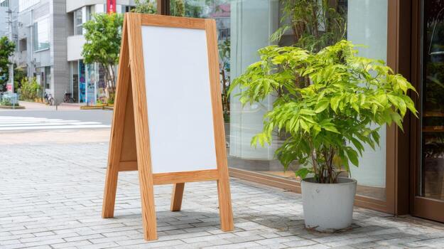 Sidewalk Sign Mockup with Wooden Frame and Plant in Front of Modern Building, Ideal for Cafe Advertisement photo