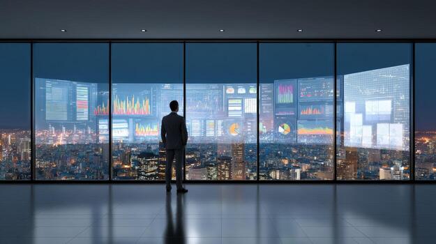 empresario analizando datos visualizaciones en moderno oficina con vista a ciudad horizonte a noche, exhibiendo grande datos foto