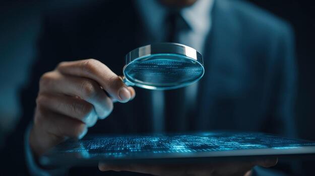 Businessman Inspecting Digital Data on Tablet with Magnifying Glass, Representing Analysis and Cybersecurity photo