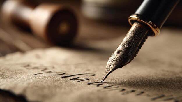 Close-up of a Fountain Pen Writing Calligraphy on Parchment Paper with Blurred Background, Antique Style photo