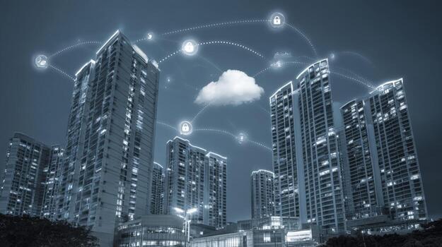 Smart City Cloud Network Connecting Buildings with Data Security and Modern Technology Infrastructure photo