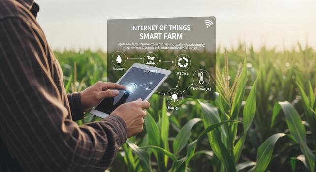 Precision Agriculture Farmer Using Tablet for Smart Farming and Internet of Things Technology in Cornfield photo