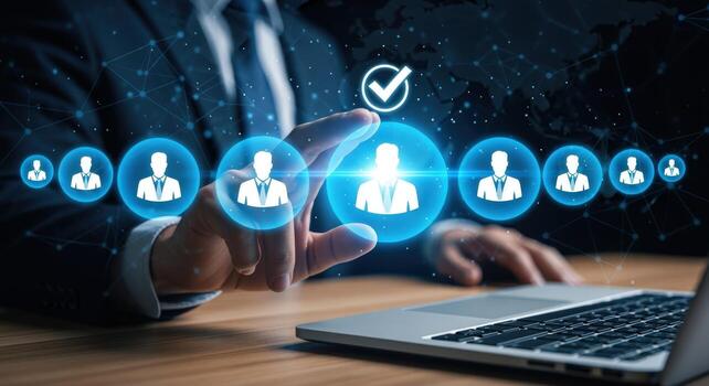 Human Resources Technology Businessman Selecting Candidate Profile with a Tick, Headhunting and Recruitment photo