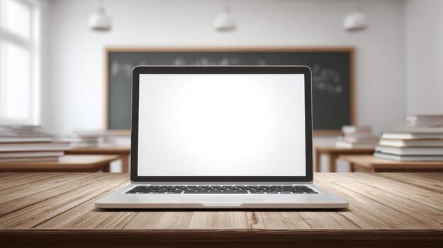 Laptop with Blank Screen on Wooden Desk in Classroom Setting, Mockup for Educational Content photo