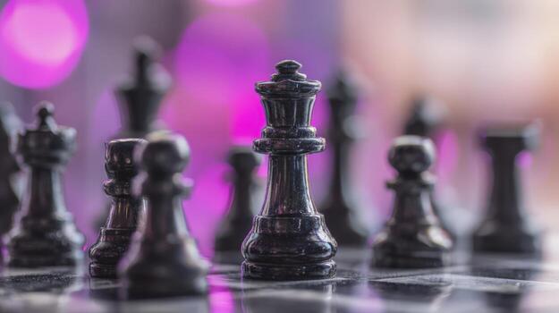 Strategic Chess Game Black Queen Dominating on the Board, with a Blurred Background photo