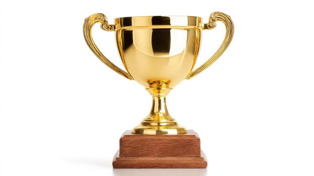 Golden Trophy Award with Wooden Base on a White Background, Symbolizing Achievement and Success photo