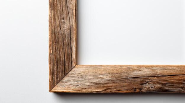 Rustic Wooden Frame Corner on White Background Natural Wood Grain and Texture Close-Up photo
