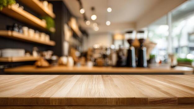Wooden Tabletop with Blurred Coffee Shop Background, Suitable for Product Mockups and Food Presentation photo