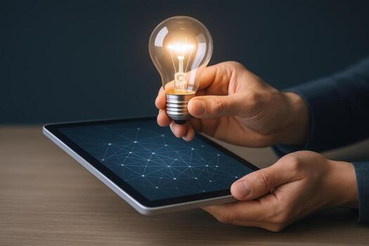 innovador negocio soluciones hombre sostiene brillante ligero bulbo encima tableta con digital red monitor foto